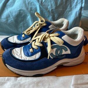 CHANEL Blue White Leather & Suede CC Logo Sneakers with Cream Laces